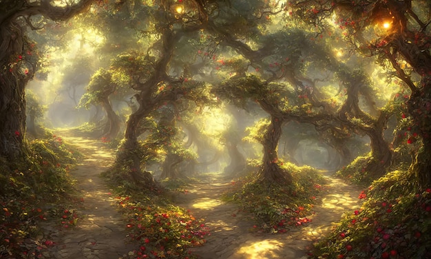 Fabulous mysterious forest of magical trees rays of sun break\
through foliage and branches of trees path through thicket of the\
forest 3d illustration