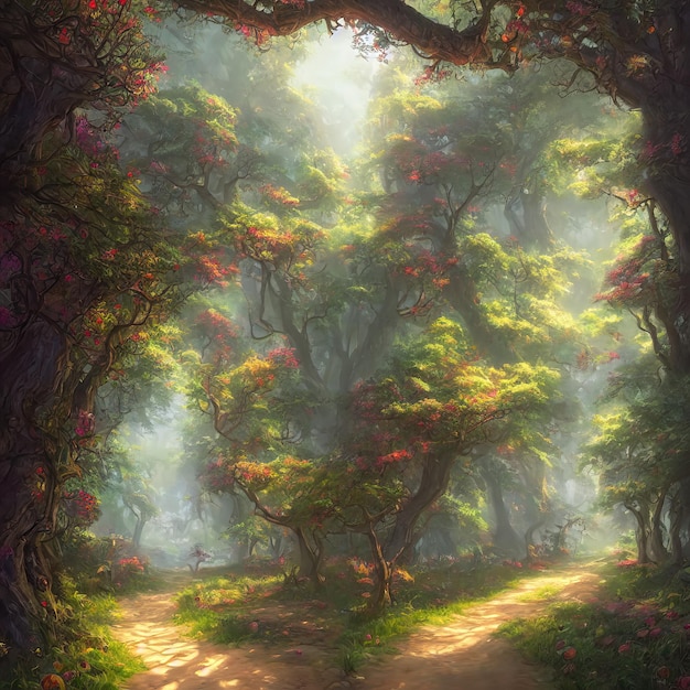 Fabulous mysterious forest of magical trees rays of sun break\
through foliage and branches of trees path through thicket of the\
forest 3d illustration