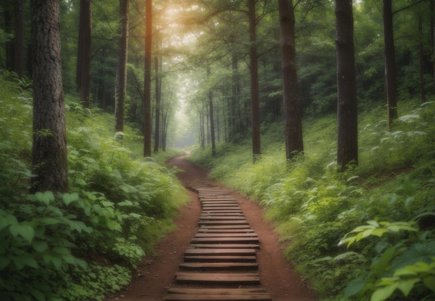 Photo fabulous and mysterious path in the coniferous foggy forest location place of