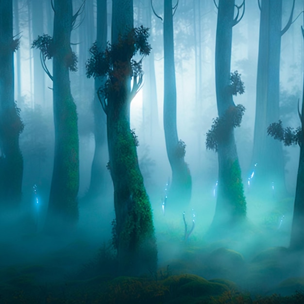 Foto una favolosa foresta mistica nella nebbia