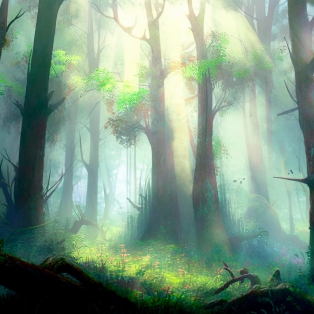 A fabulous mystical forest in the fog