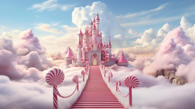 ピンクの城 キャンディ・トラックの花と綿の雲のピンクの世界