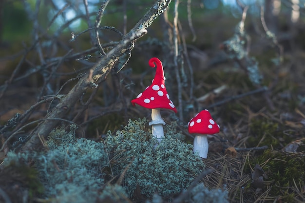 Fabulous plasticine fly agaric in the forest