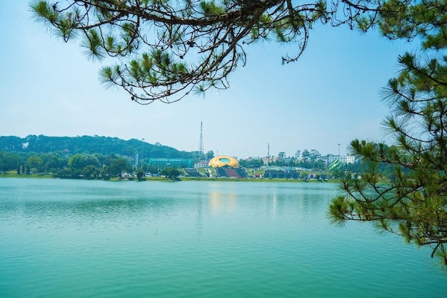 Fabulous sunrise by Xuan Huong Lake in center Da Lat City Lam Dong Province Vietnam This artificial lake in the city centre is a favourite place for tourists and locals for walking