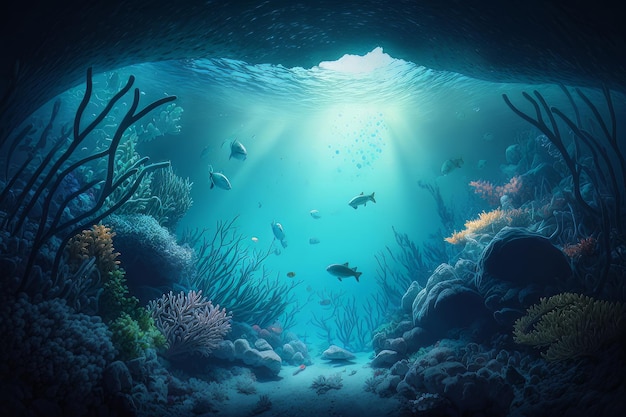 Fabulous underwater ocean background Illustration AI Generative