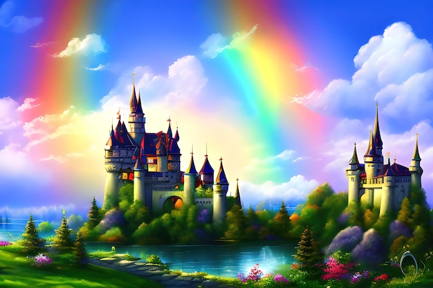 Fabulous unicorns stone castle rainbow clouds watercolor\
clipart in cartoon style