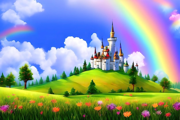 Fabulous unicorns stone castle rainbow clouds watercolor clipart in cartoon style