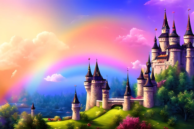 Fabulous unicorns stone castle rainbow clouds watercolor clipart in cartoon style