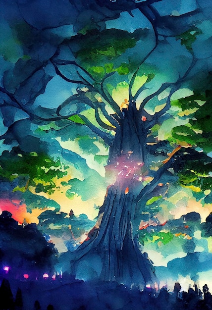 A fabulous watercolor ancient illustration of a tree of life\
with a bright aura magic fairy forest