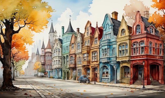 A fabulously drawn cityscape with picturesque houses Selective soft focu