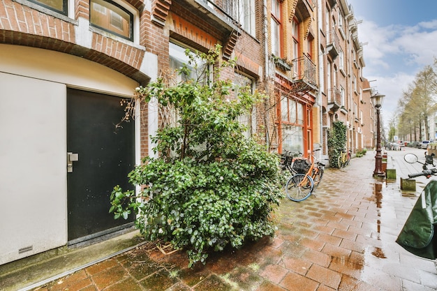 The facade of a brick building with wooden door