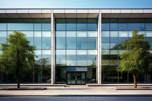 the facade of the building is clad in glass and steel.