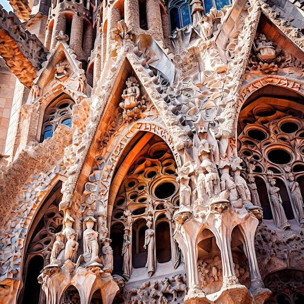 The facade of the building is decorated with many windows and the word sagrada familia.