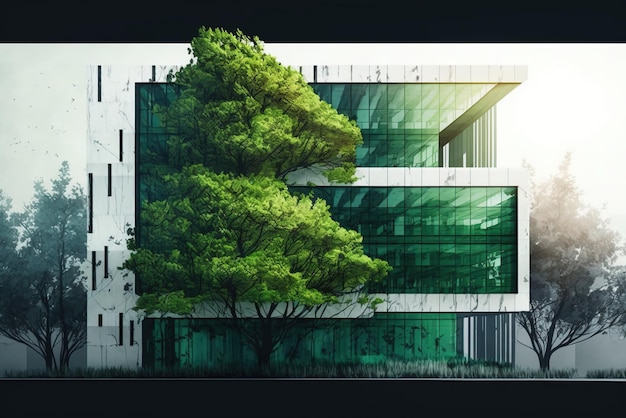 Фасад здания с зелеными листьями