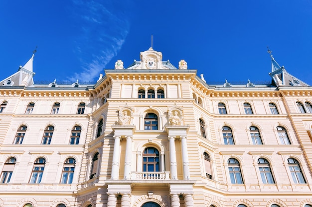 Facade of Landesgericht fur Zivilrechtssachen, or Provincial Court of Civil Law in Street in Downtown and Old city of Graz in Austria. Courthouse building in Town in Styria in Europe