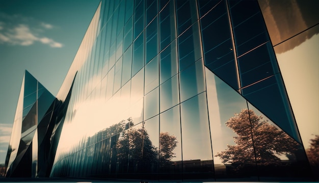 Facade of a modern building concept with glass panels with straight lines