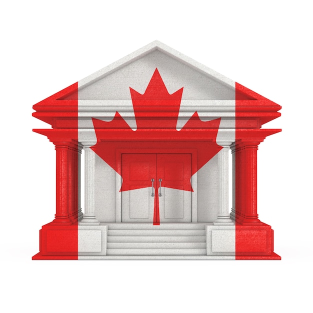 白い背景の上のカナダの旗が付いている銀行、裁判所または政府の建物のファサード3dレンダリング