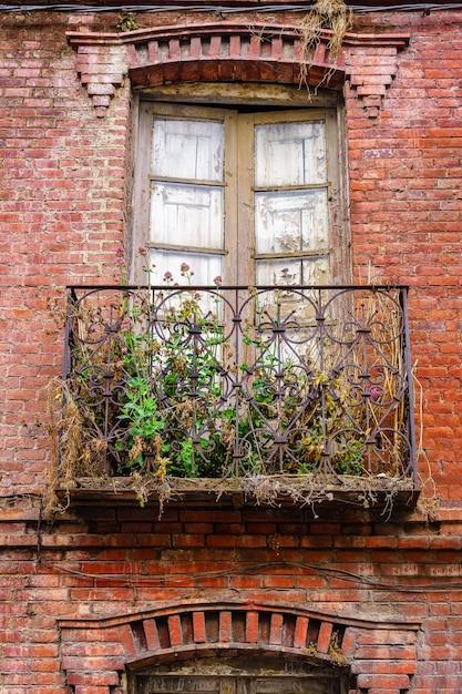 Facade of old brick and abandoned house with dry plants on the balcony