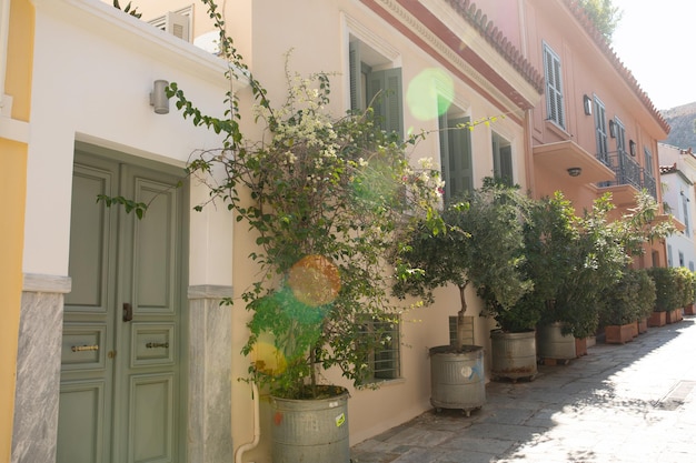 The facade of old buildings in Athens, Greece.