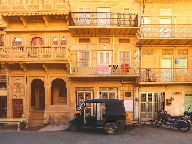 Facade of old haveli house in Jaisamer. Jaisalmer is known as Golden City in India