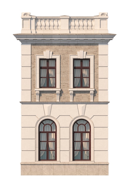 窓のある2階建てのクラシックな家のファサード。 3Dレンダリング