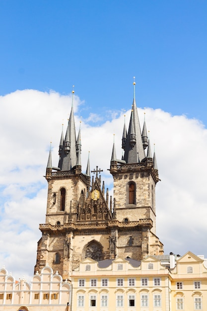 Facade Tyn cathedral church at sunny day, Prague, Czech Republic