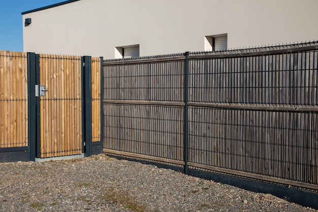 Фасадная стена, современный деревянный барьер вокруг дома и защита двери, выход в сад дома