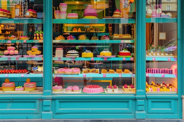 Foto finestre di facciata di una pasticceria che mostrano deliziose prelibatezze