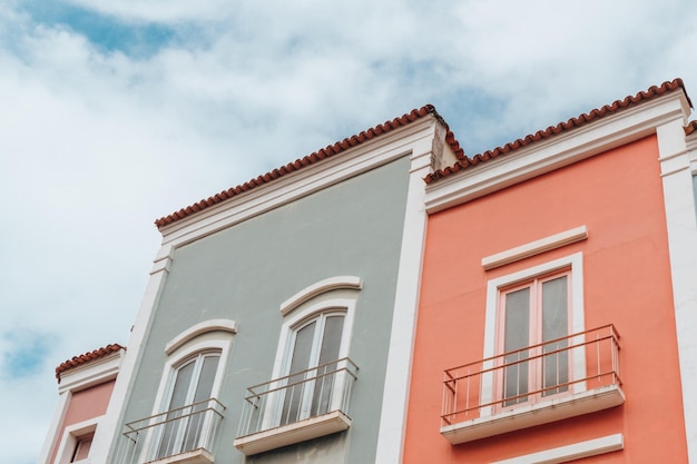 Facades of the pastel-colored buildings with Portuguese architecture details in Brazil