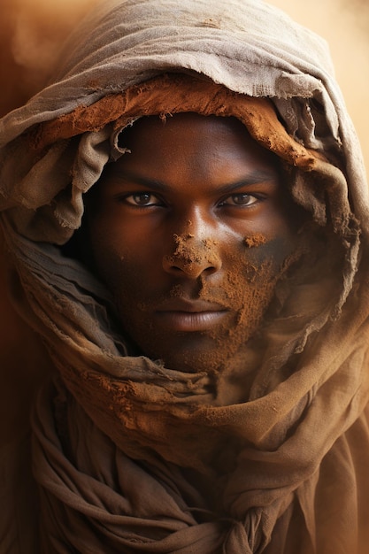 Face of African man wears desert scarf during sandstorm in Sahara generative AI Portrait of young black person in traditional clothes Concept of life in Africa travel climate lifestyle nomad