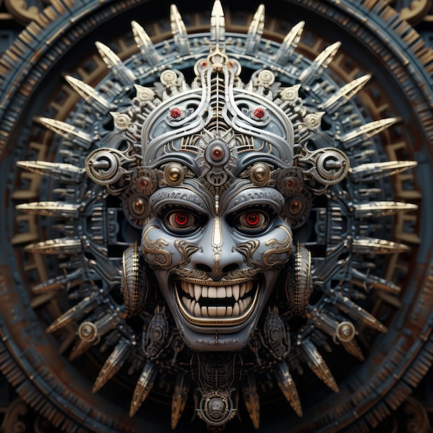 the face of an ancient mexican god in the center of an ornate machine