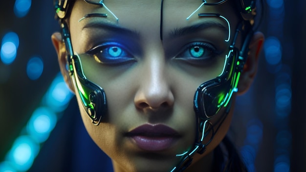 The face of artificial intelligence with blue light and green lines in the background in the style