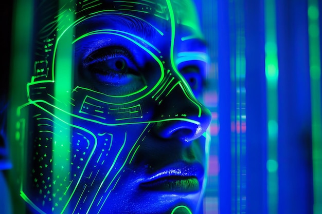 Лицо искусственного интеллекта с синим светом и зелеными линиями на заднем плане