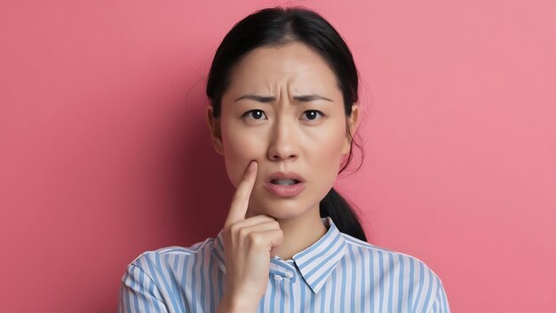 Photo face of asian woman finger touches a toothache maybe because of poor care