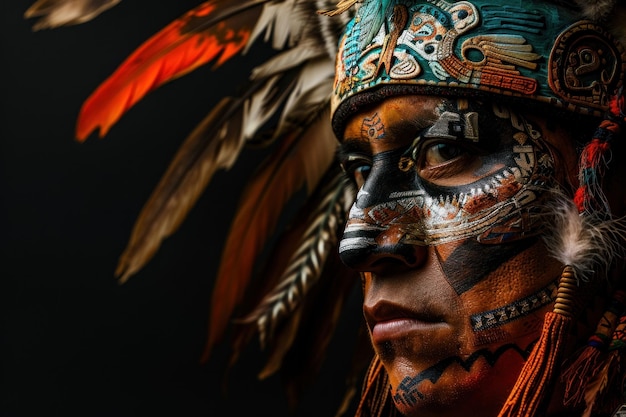 Photo face of an aztec warrior on a black background