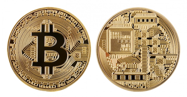 Face and back of the crypto currency golden bitcoin