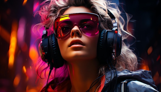 Face of a beautiful Caucasian girl wearing pink eyeglasses and big headphones Close up Colorful backdrop Generative AI