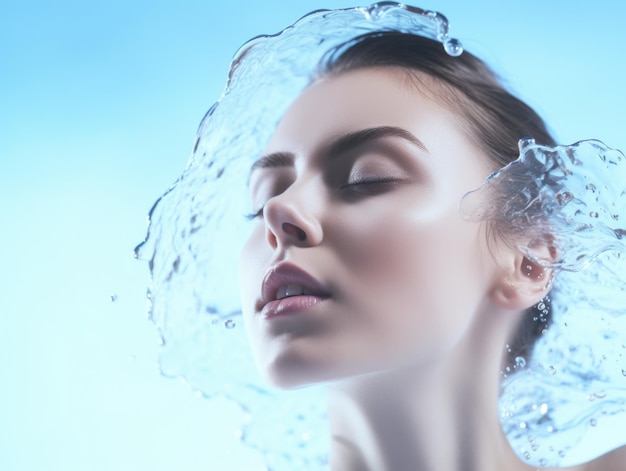 Photo face of a beautiful girl in the background light blue water and a drop falling into the water bene