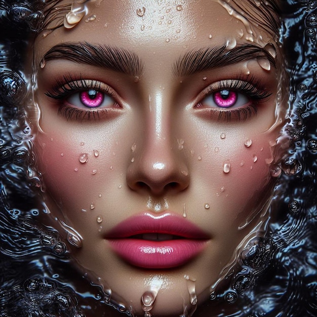 face of beautiful woman with pink eyes