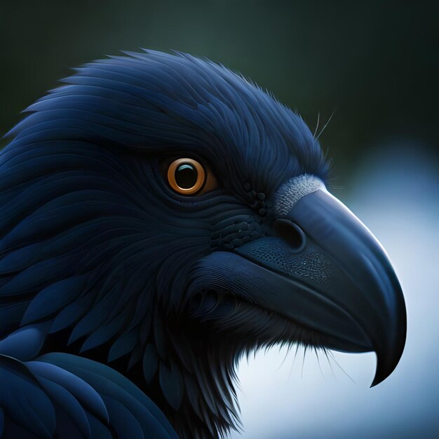 The face of a black bird with a yellow eye and a black beak