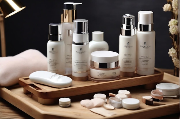 Face care products are displayed on the wooden tray