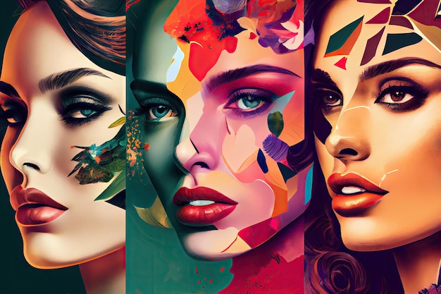 Face collage illustration featuring a variety of makeup looks from natural to bold and dramatic