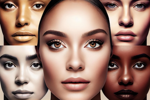 Face collage with a variety of eye shapes brows and skin tones