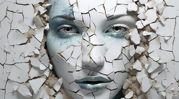 a face covered in cracked white and blue paint