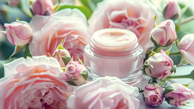 Photo face cream moisturizer jar on floral background cosmetic branding toiletries and skincare concept