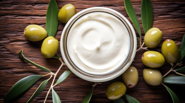 Face cream with green olives on a wooden background