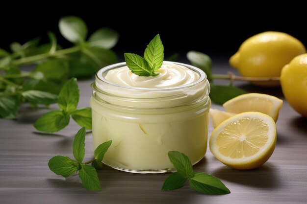 Foto crema per il viso con limone e menta su sfondo naturale