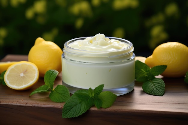 Face cream with lemon and mint on natural background