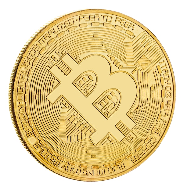     Face of the crypto currency golden bitcoin on white backgrou