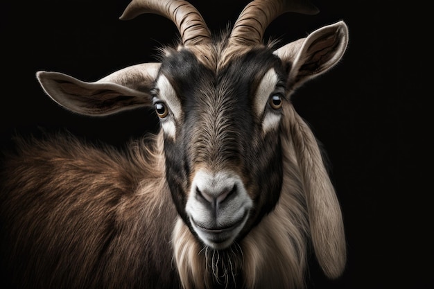 Photo face of a cute pet goat with a big horn